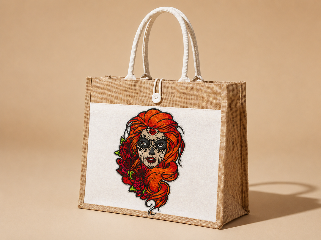 Brown tote bag with a colorful design of a face with red hair on a beige background
