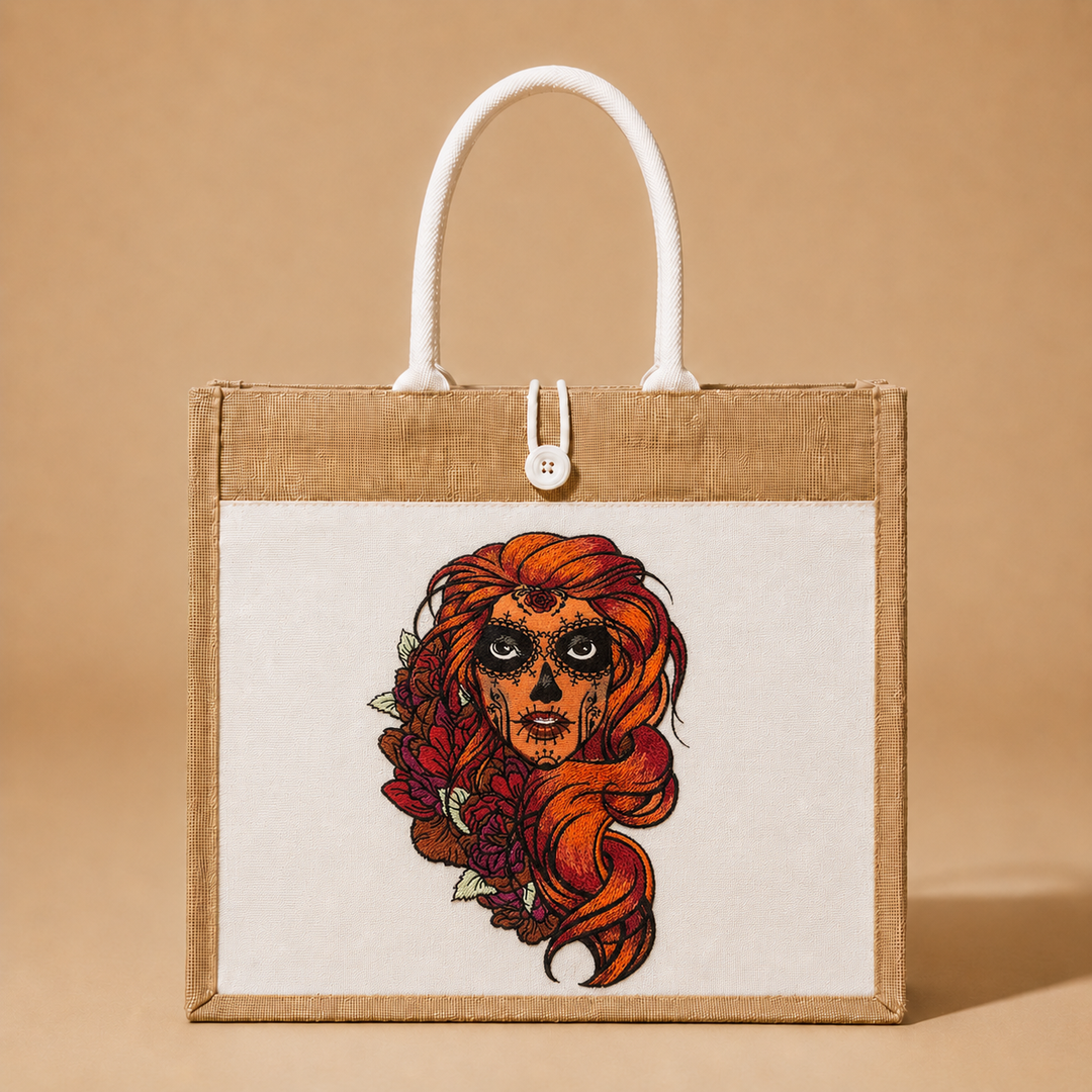 Tote bag with a colorful design of a face with red hair and flowers on a beige background