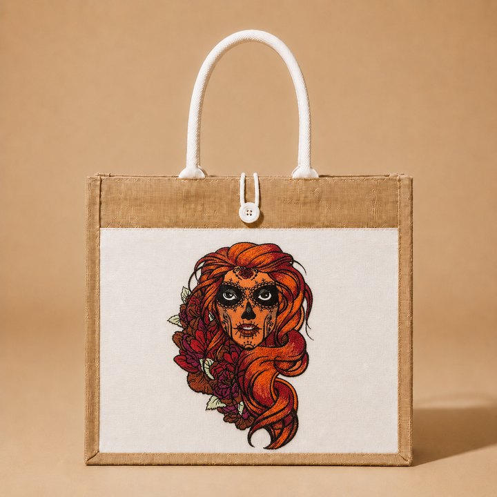 Tote bag with a colorful design of a face with red hair and flowers on a beige background