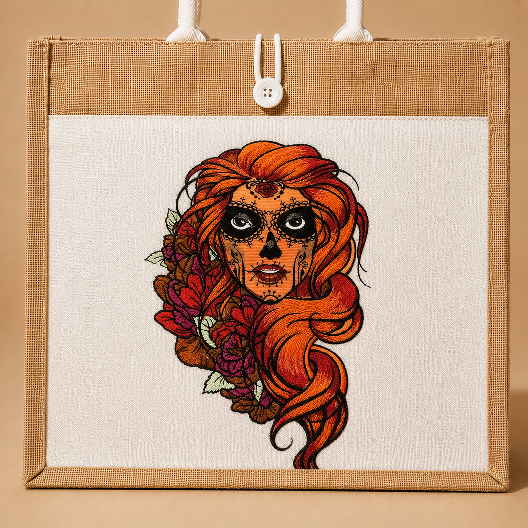 Canvas print with a stylized portrait of a woman with orange hair and flowers, framed in burlap.