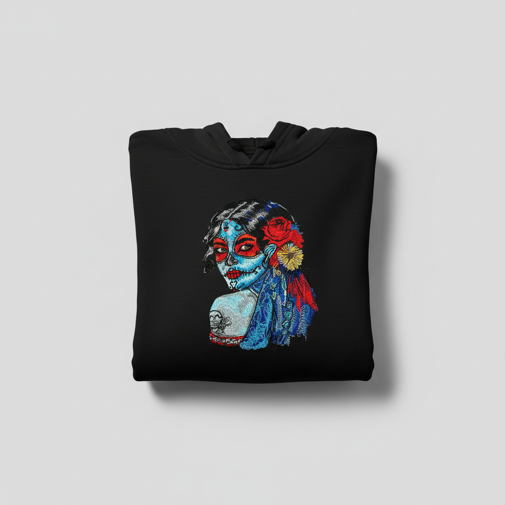 Sugar Skull Lady Machine Embroidered Hoodie – Hand Finished in Dubai | EmbroMania