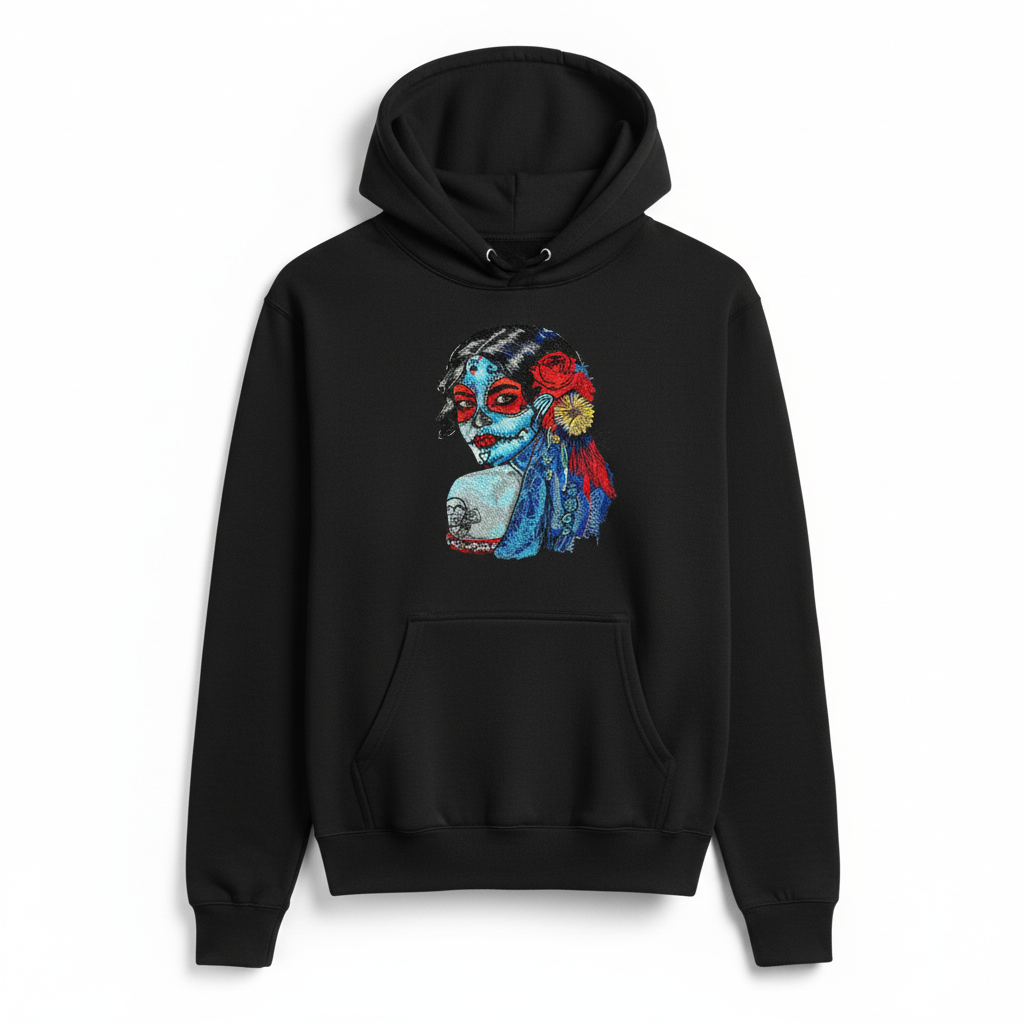 Sugar Skull Lady Machine Embroidered Hoodie – Hand Finished in Dubai | EmbroMania