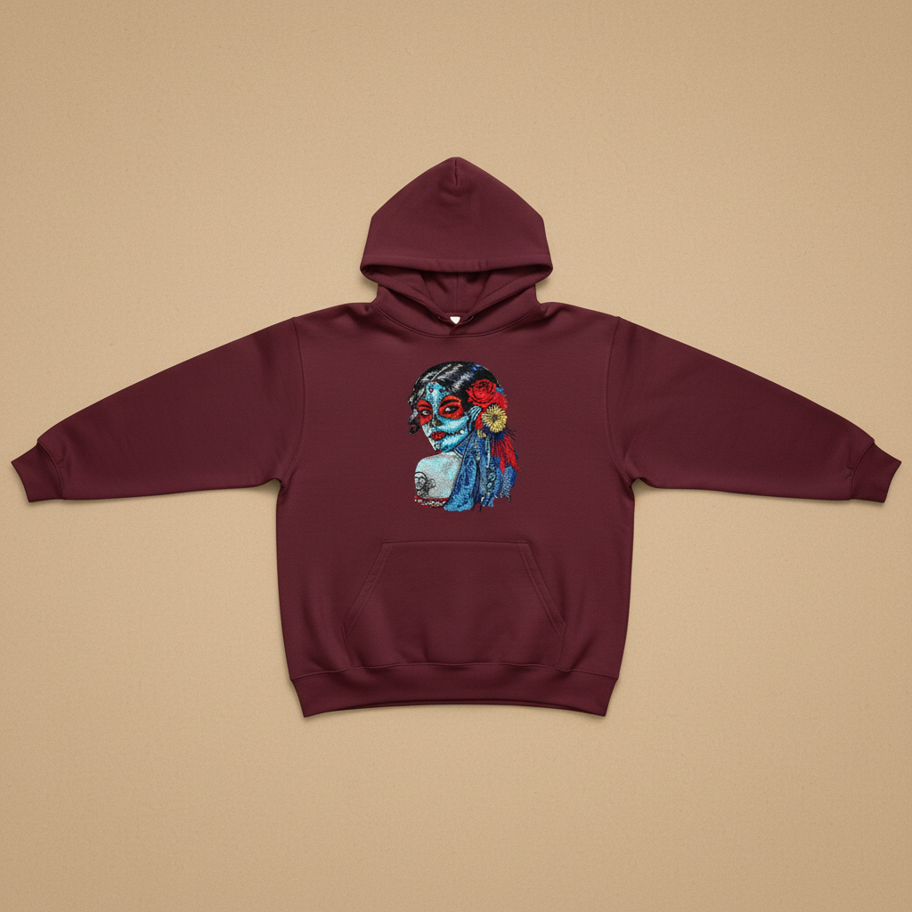 Sugar Skull Lady Machine Embroidered Hoodie – Hand Finished in Dubai | EmbroMania