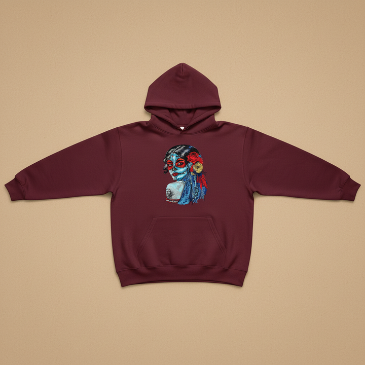 Sugar Skull Lady Machine Embroidered Hoodie – Hand Finished in Dubai | EmbroMania
