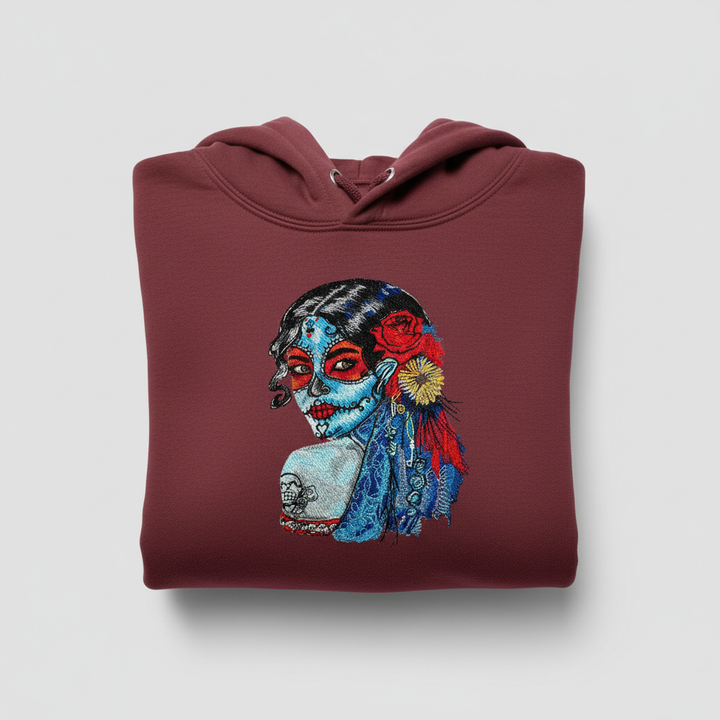 Sugar Skull Lady Machine Embroidered Hoodie – Hand Finished in Dubai | EmbroMania