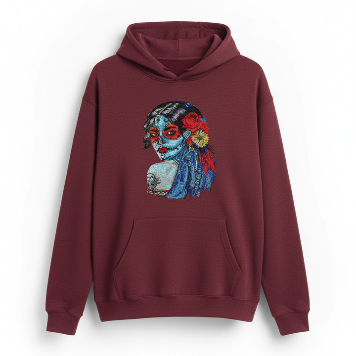 Sugar Skull Lady Machine Embroidered Hoodie – Hand Finished in Dubai | EmbroMania