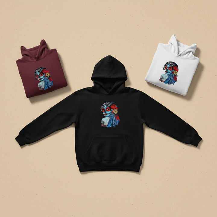 Sugar Skull Lady Machine Embroidered Hoodie – Hand Finished in Dubai | EmbroMania
