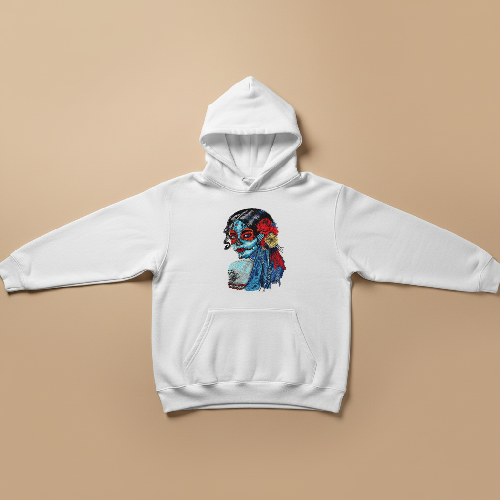 Sugar Skull Lady Machine Embroidered Hoodie – Hand Finished in Dubai | EmbroMania