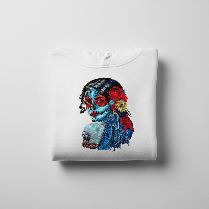 Sugar Skull Lady Machine Embroidered Hoodie – Hand Finished in Dubai | EmbroMania