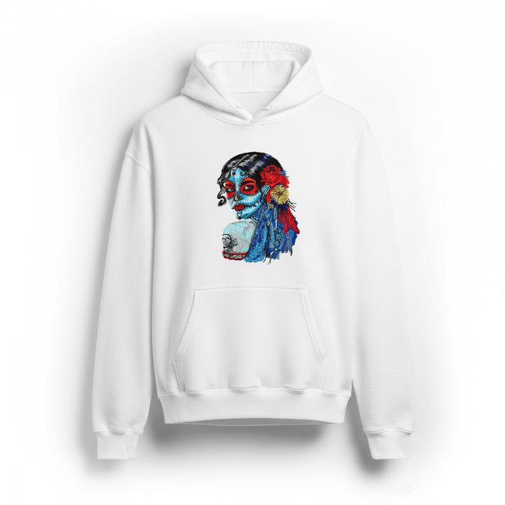 Sugar Skull Lady Machine Embroidered Hoodie – Hand Finished in Dubai | EmbroMania
