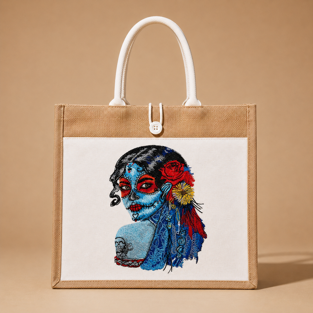 Sugar Skull Muse Machine Embroidered Jute Tote – Hand Finished in Dubai | EmbroMania