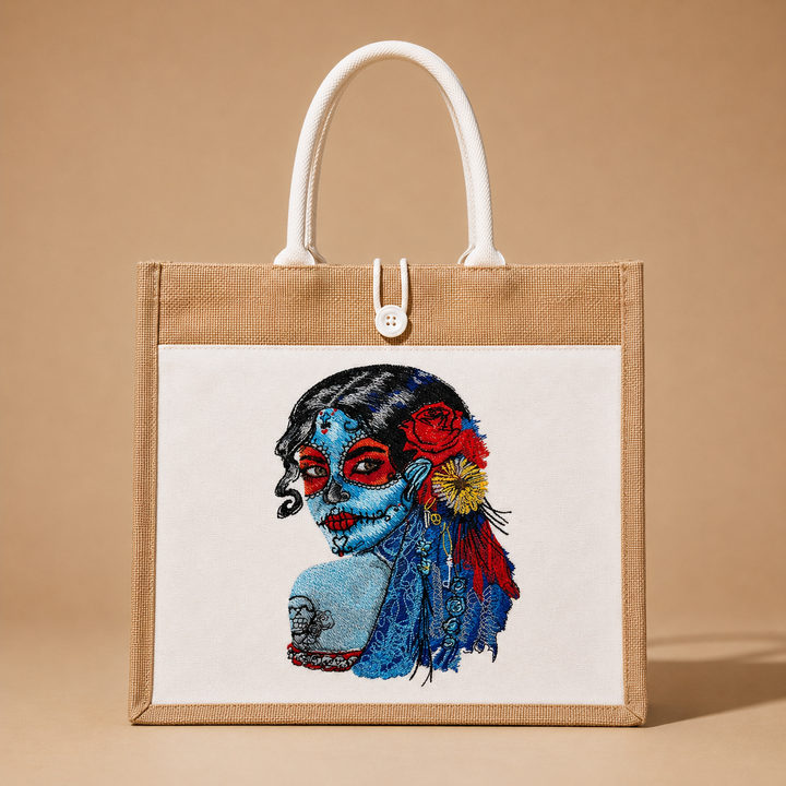Sugar Skull Muse Machine Embroidered Jute Tote – Hand Finished in Dubai | EmbroMania