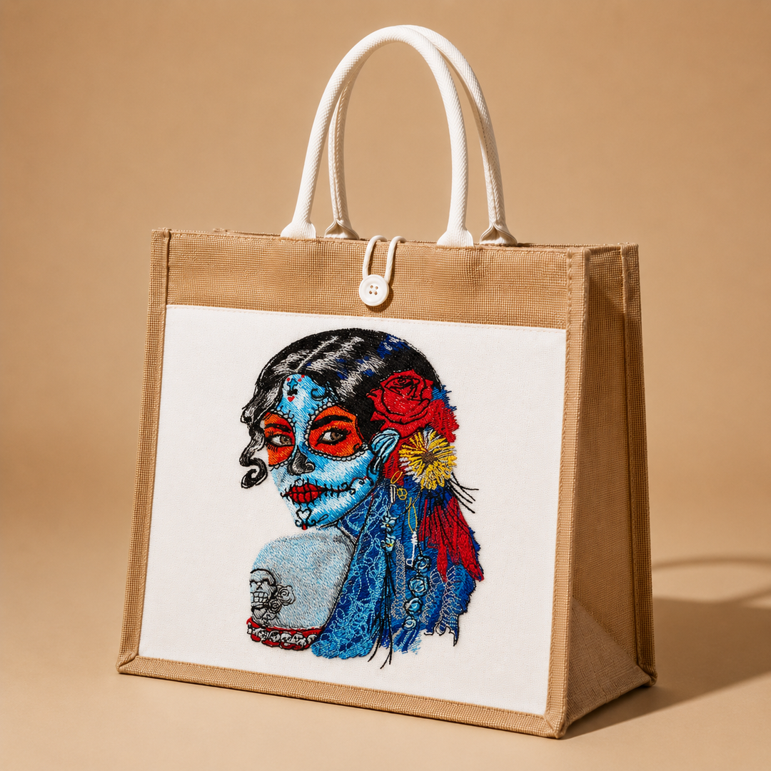 Jute bag with a colorful embroidered design of a face on a beige background