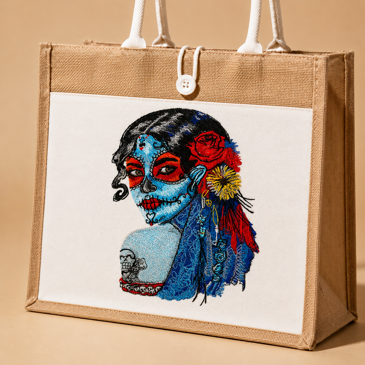 Tote bag with a colorful skull design on a beige background