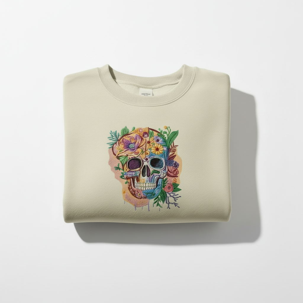Folded beige sweatshirt with a colorful skull and floral design on a white background