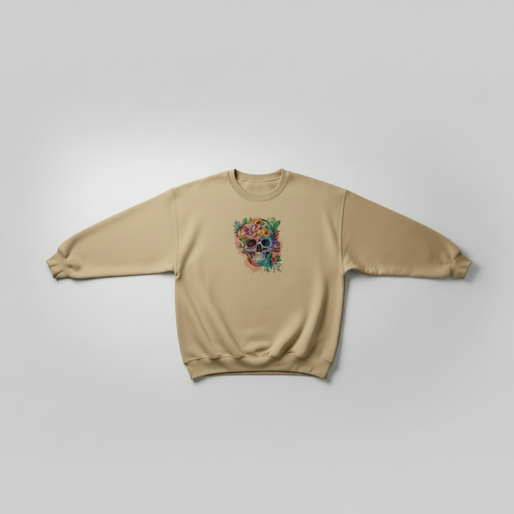 Beige sweatshirt with a colorful skull design on a light gray background