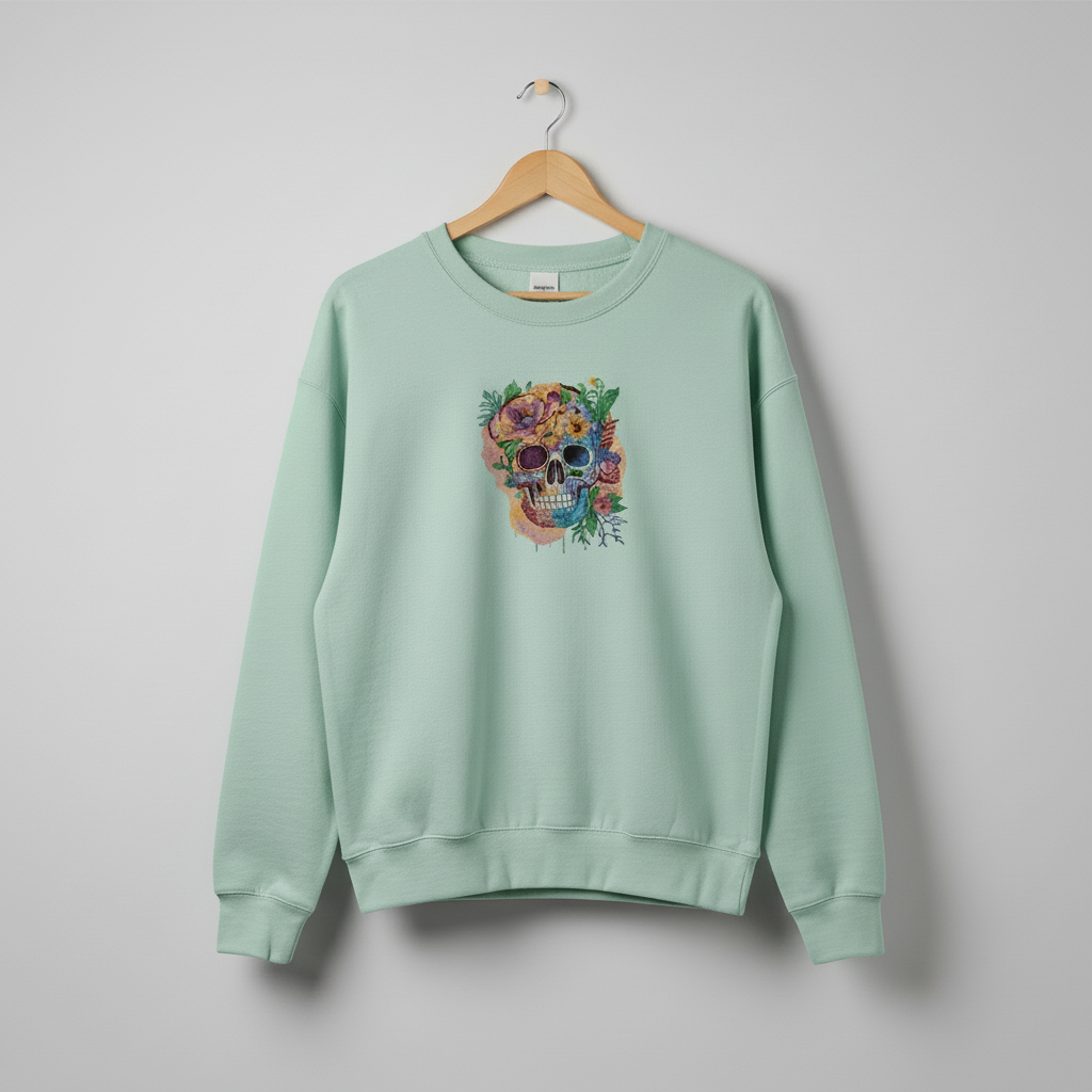 Mint green sweatshirt with a colorful skull design on a hanger against a gray background