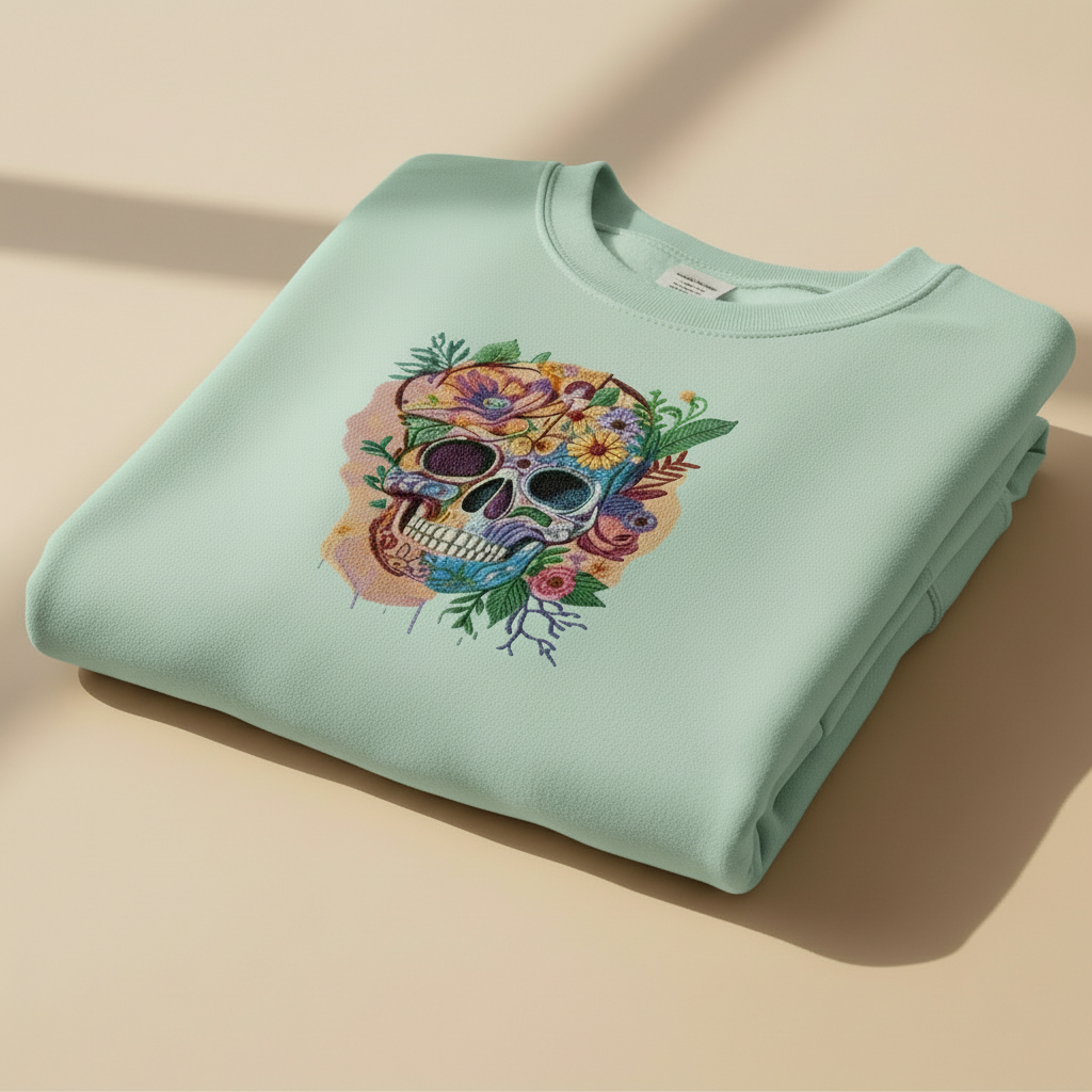 Folded light blue sweatshirt with a colorful skull design on a beige background