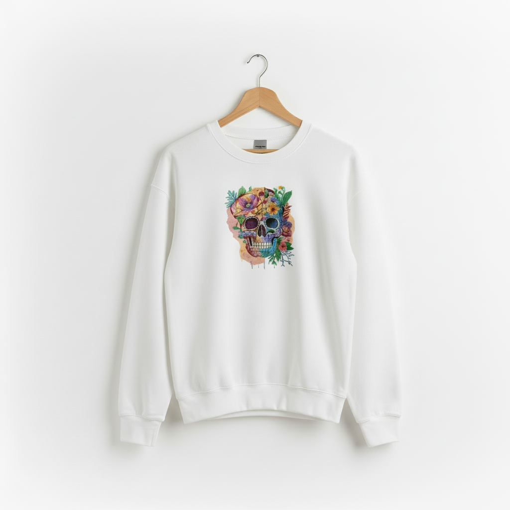 White sweatshirt with a colorful skull design on a hanger against a white background