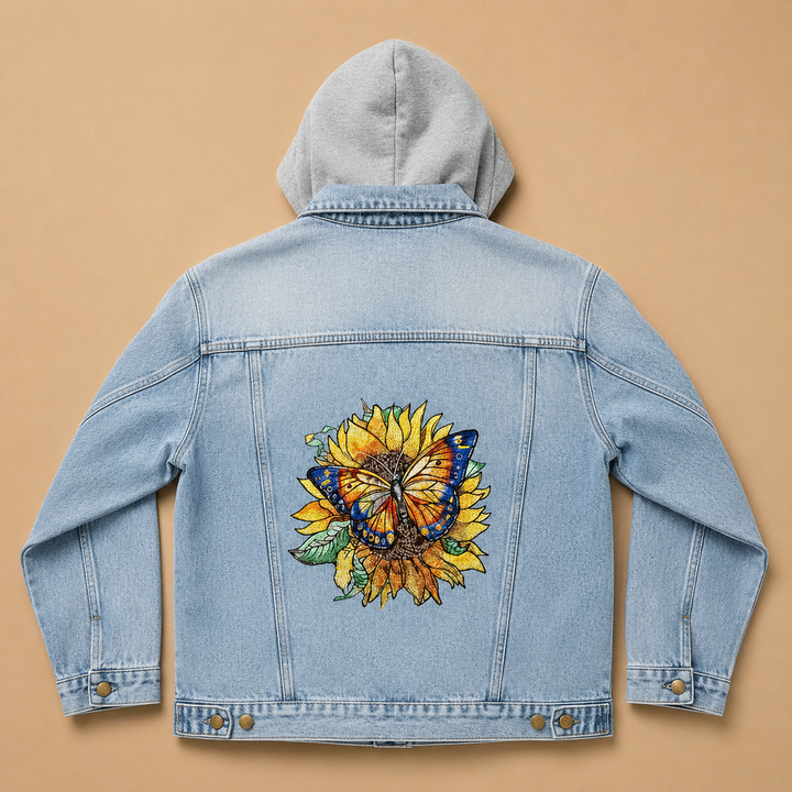Sun-Kissed Butterfly Sunflower – Denim Hoodie Jacket Mockup | Hand Finished in Dubai