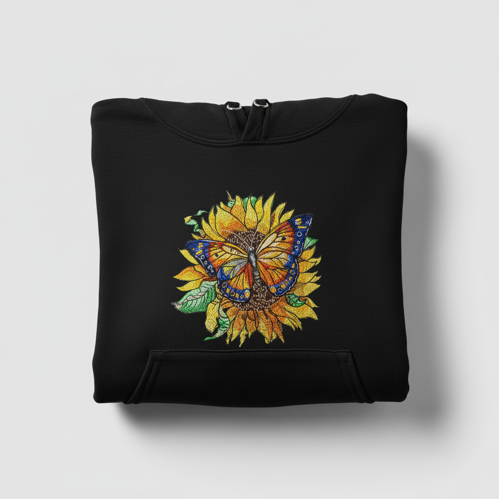 Sun-Kissed Butterfly Machine Embroidered Hoodie – Hand Finished in Dubai | EmbroMania