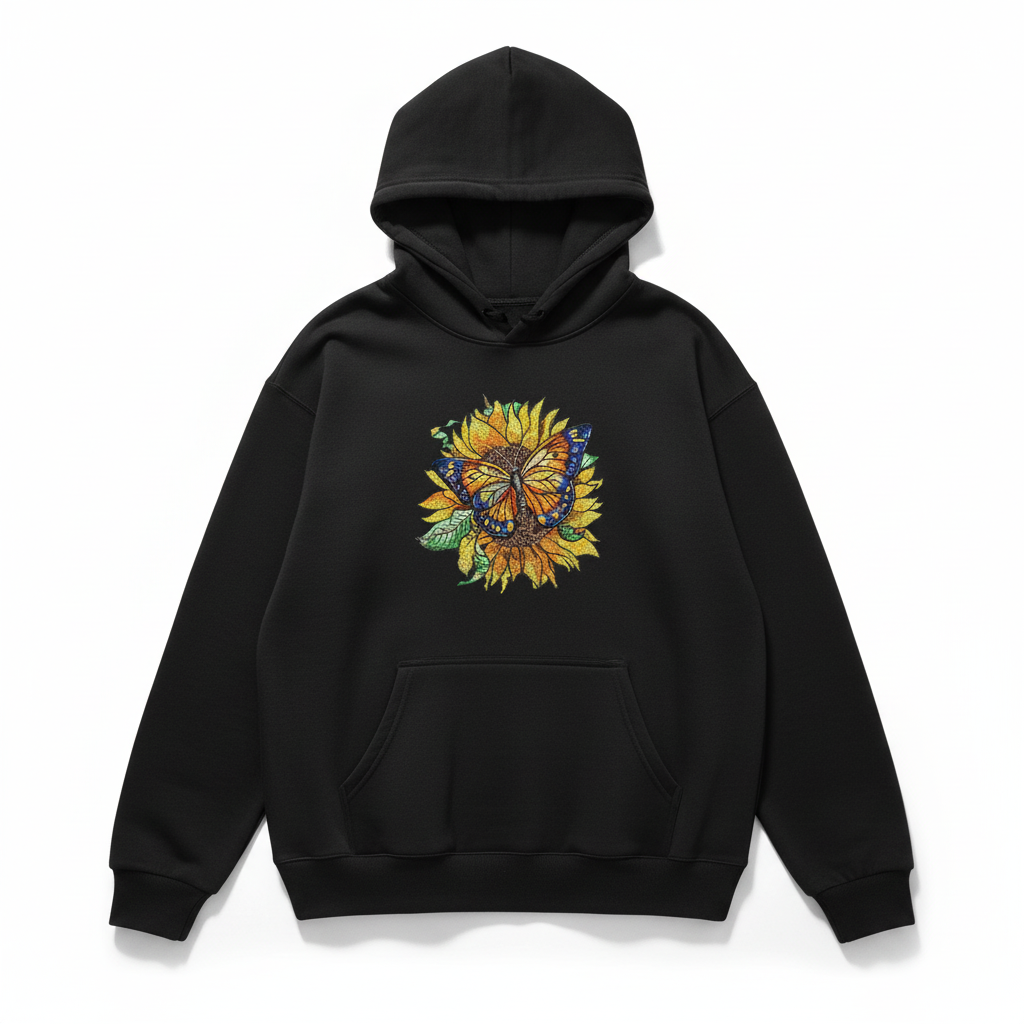 Sun-Kissed Butterfly Machine Embroidered Hoodie – Hand Finished in Dubai | EmbroMania