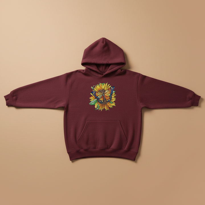 Sun-Kissed Butterfly Machine Embroidered Hoodie – Hand Finished in Dubai | EmbroMania