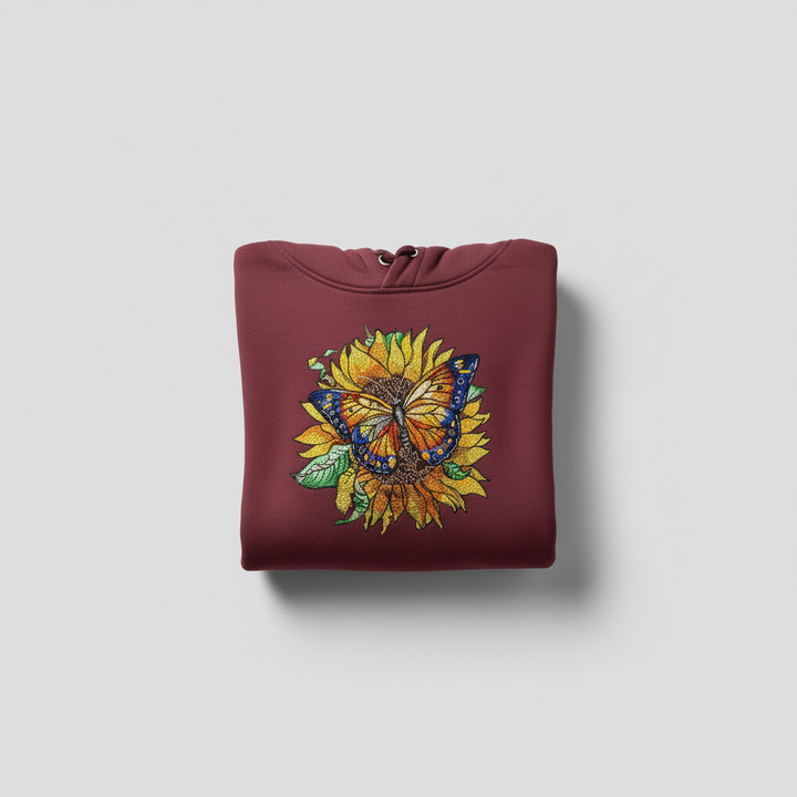 Sun-Kissed Butterfly Machine Embroidered Hoodie – Hand Finished in Dubai | EmbroMania