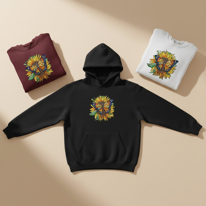 Sun-Kissed Butterfly Machine Embroidered Hoodie – Hand Finished in Dubai | EmbroMania