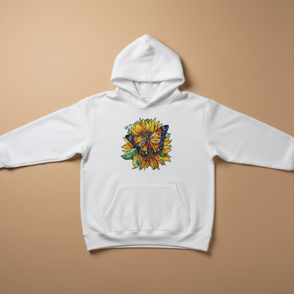 Sun-Kissed Butterfly Machine Embroidered Hoodie – Hand Finished in Dubai | EmbroMania