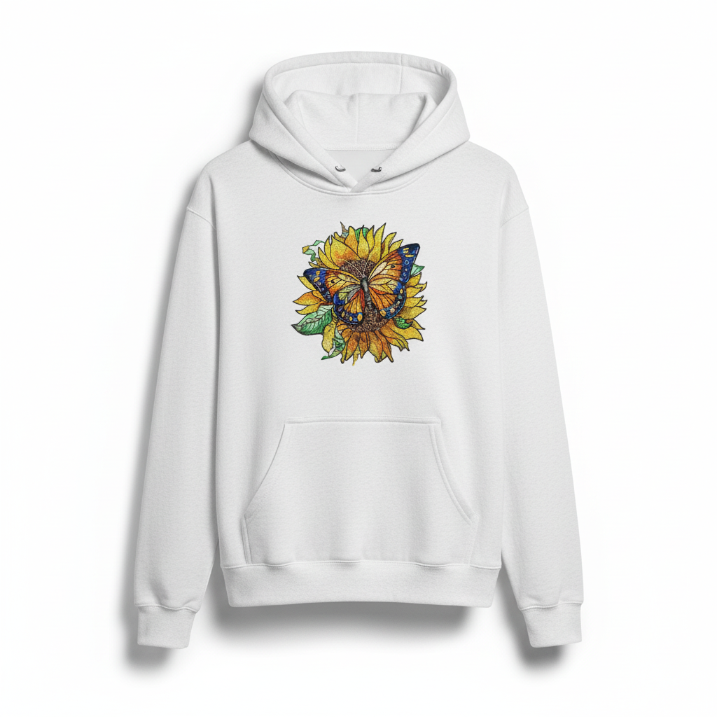 Sun-Kissed Butterfly Machine Embroidered Hoodie – Hand Finished in Dubai | EmbroMania