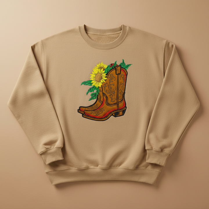 Sunflower Cowboy Boots — Premium Embroidered Unisex Crewneck | Original EmbroMania Design