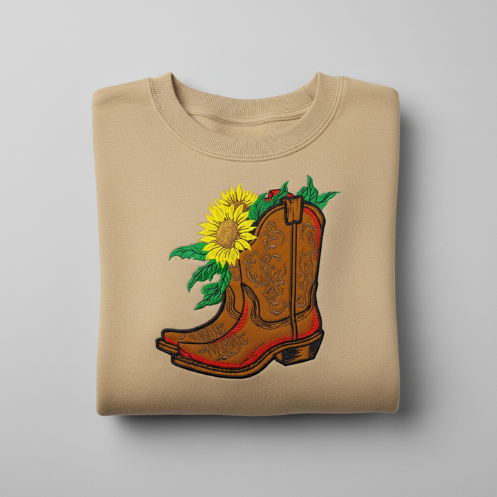 Sunflower Cowboy Boots — Premium Embroidered Unisex Crewneck | Original EmbroMania Design