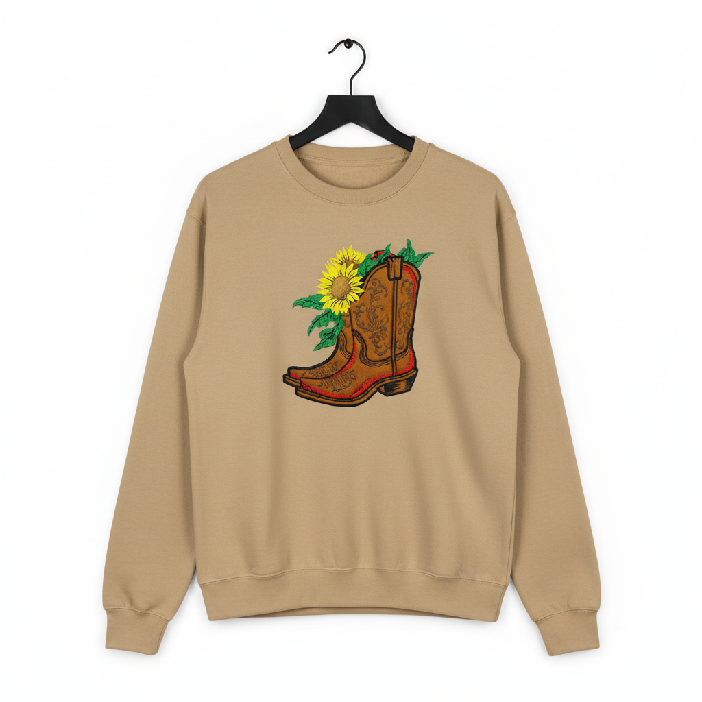 Sunflower Cowboy Boots — Premium Embroidered Unisex Crewneck | Original EmbroMania Design