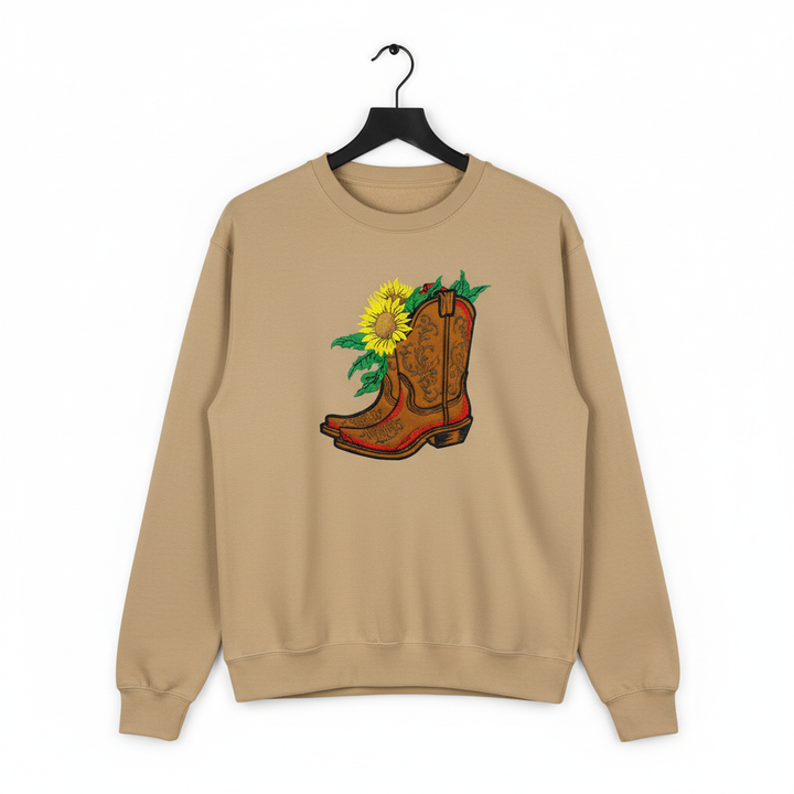 Sunflower Cowboy Boots — Premium Embroidered Unisex Crewneck | Original EmbroMania Design