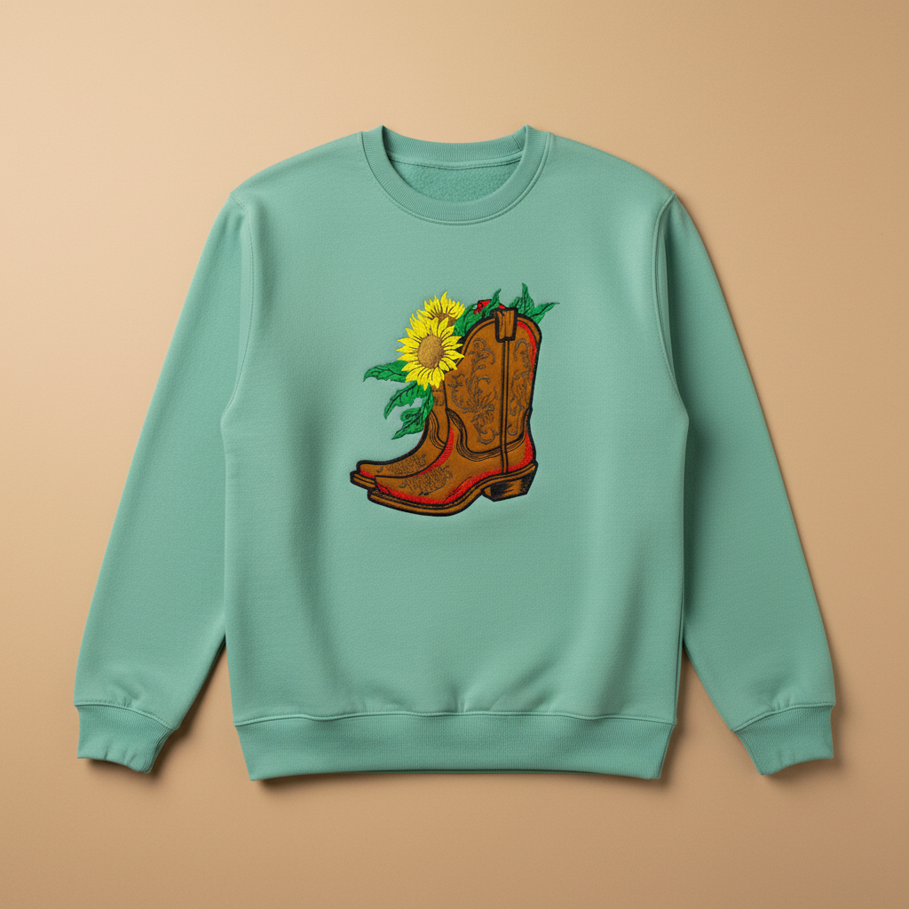 Sunflower Cowboy Boots — Premium Embroidered Unisex Crewneck | Original EmbroMania Design
