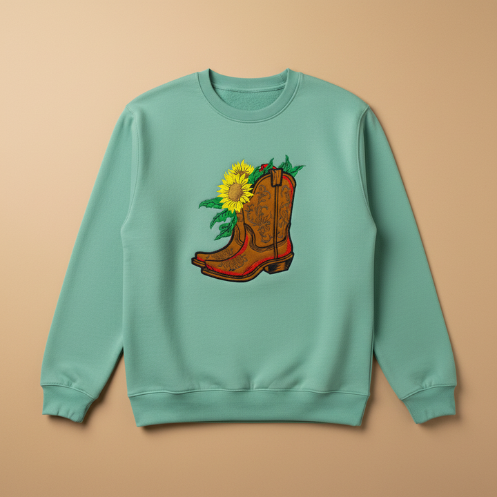 Sunflower Cowboy Boots — Premium Embroidered Unisex Crewneck | Original EmbroMania Design