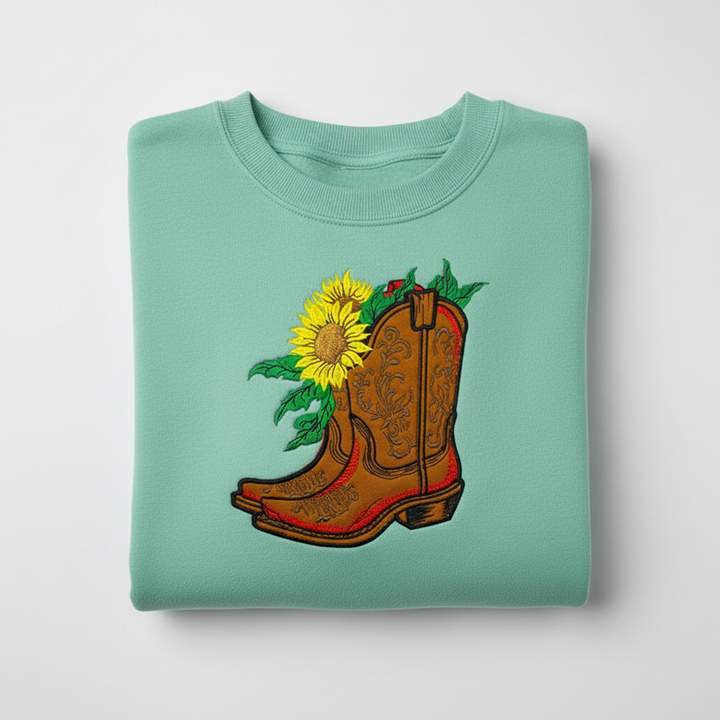 Sunflower Cowboy Boots — Premium Embroidered Unisex Crewneck | Original EmbroMania Design