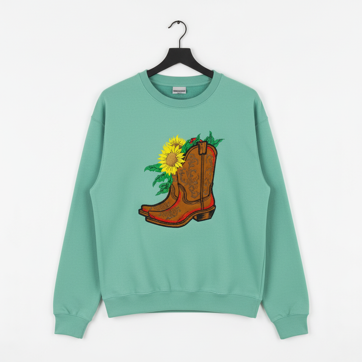 Sunflower Cowboy Boots — Premium Embroidered Unisex Crewneck | Original EmbroMania Design