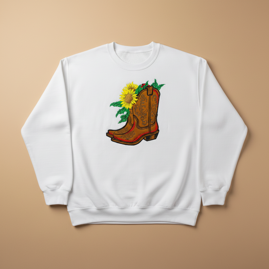 Sunflower Cowboy Boots — Premium Embroidered Unisex Crewneck | Original EmbroMania Design