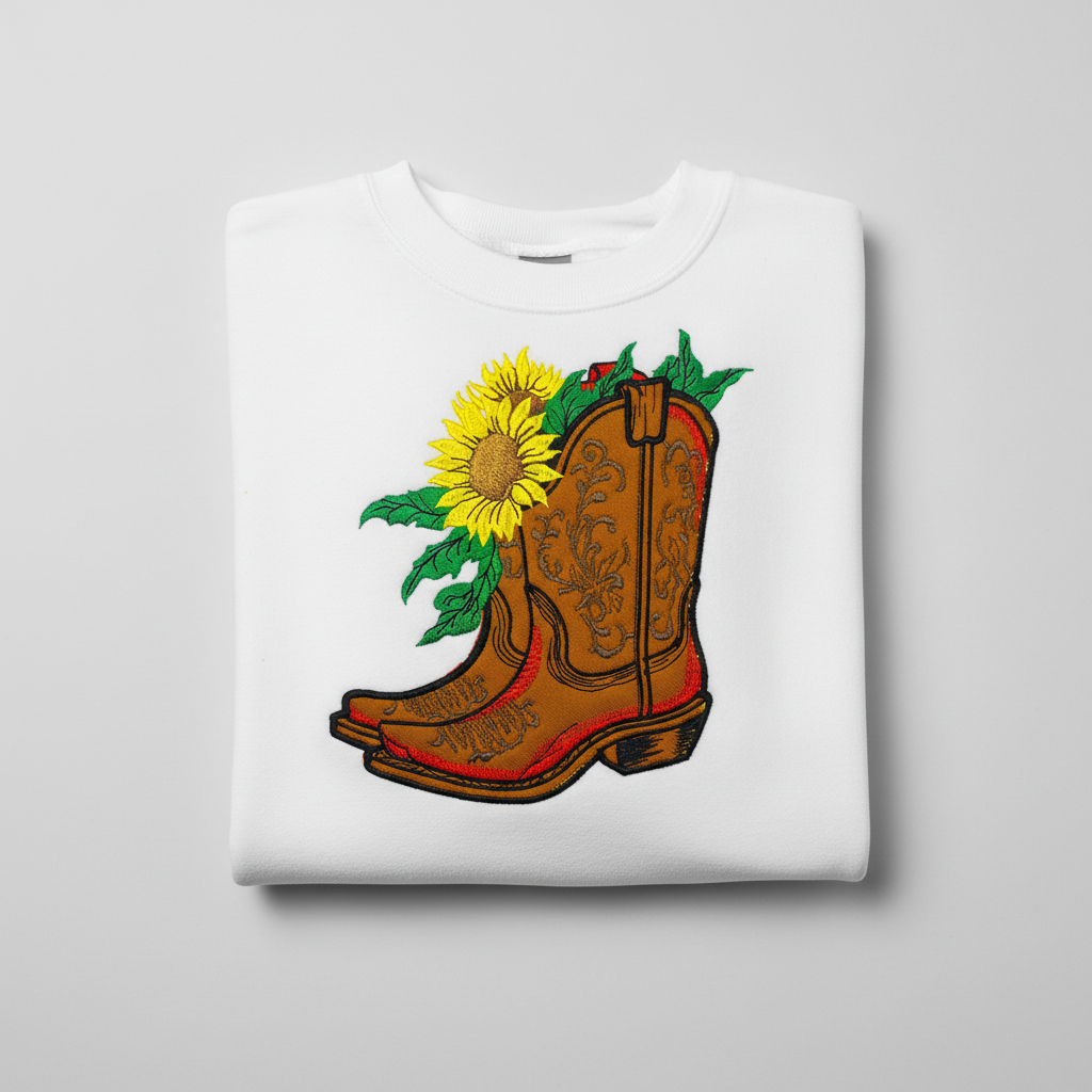 Sunflower Cowboy Boots — Premium Embroidered Unisex Crewneck | Original EmbroMania Design
