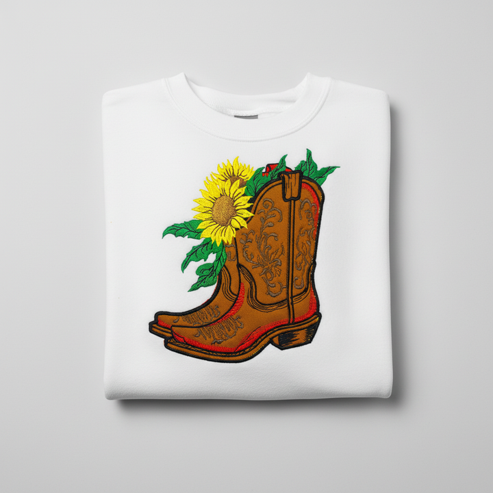 Sunflower Cowboy Boots — Premium Embroidered Unisex Crewneck | Original EmbroMania Design
