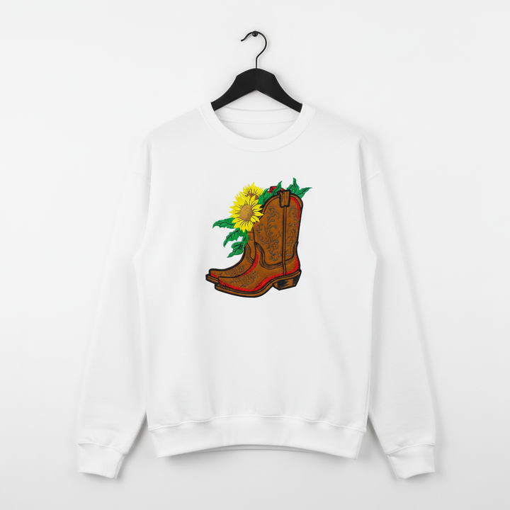 Sunflower Cowboy Boots — Premium Embroidered Unisex Crewneck | Original EmbroMania Design