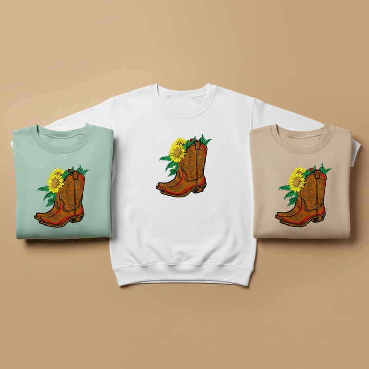 Sunflower Cowboy Boots — Premium Embroidered Unisex Crewneck | Original EmbroMania Design