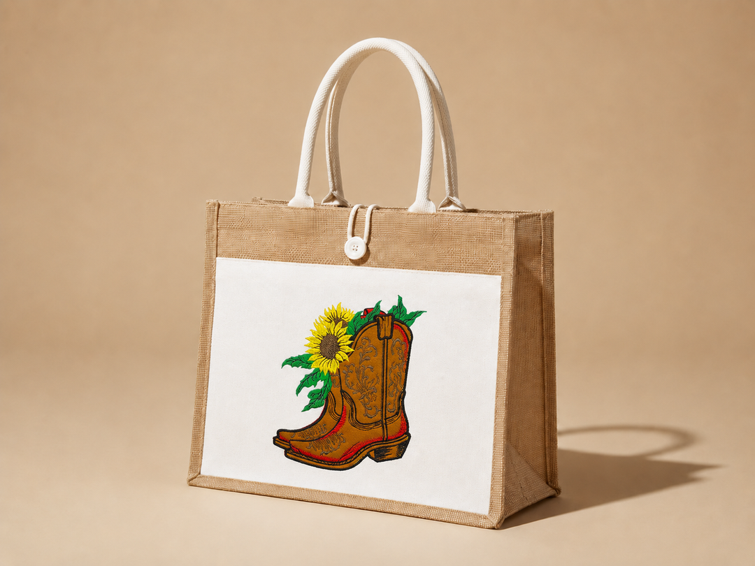 Jute bag with a cowboy boot and sunflower design on a beige background