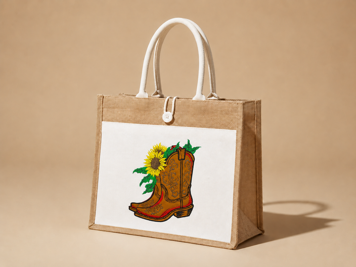 Jute bag with a cowboy boot and sunflower design on a beige background