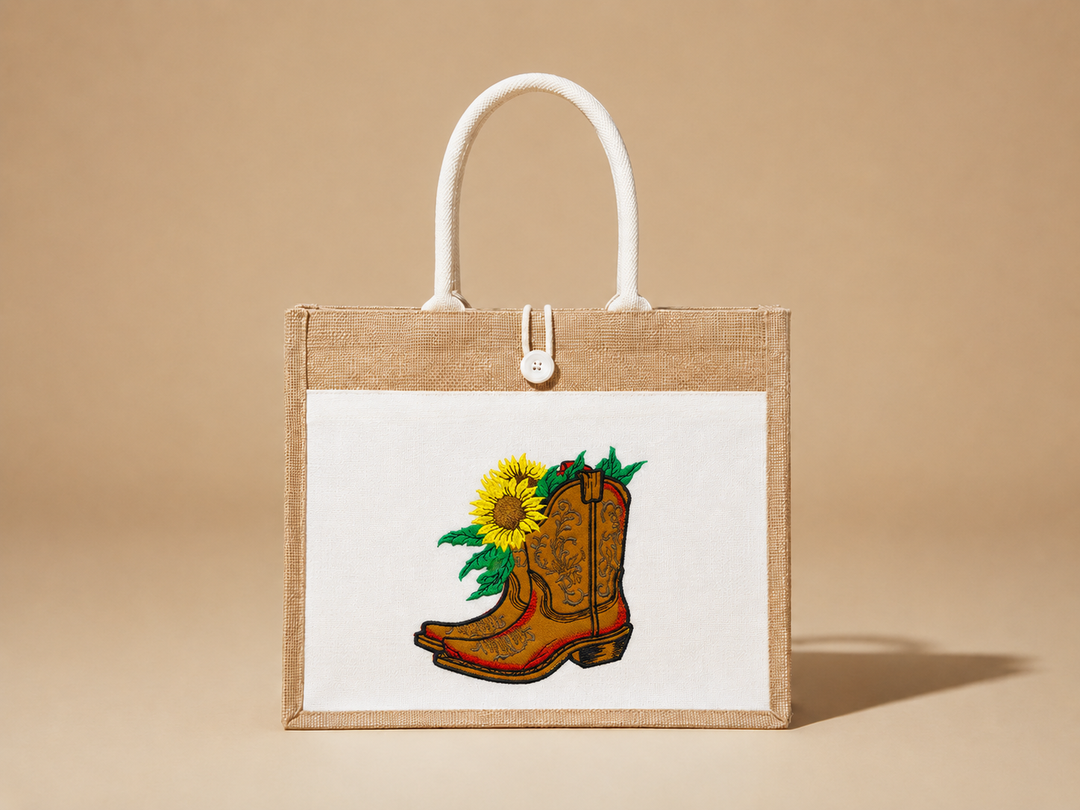 Tote bag with cowboy boot and sunflower design on a beige background