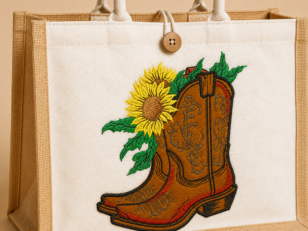 Tote bag with embroidered cowboy boot and sunflower design on a beige background