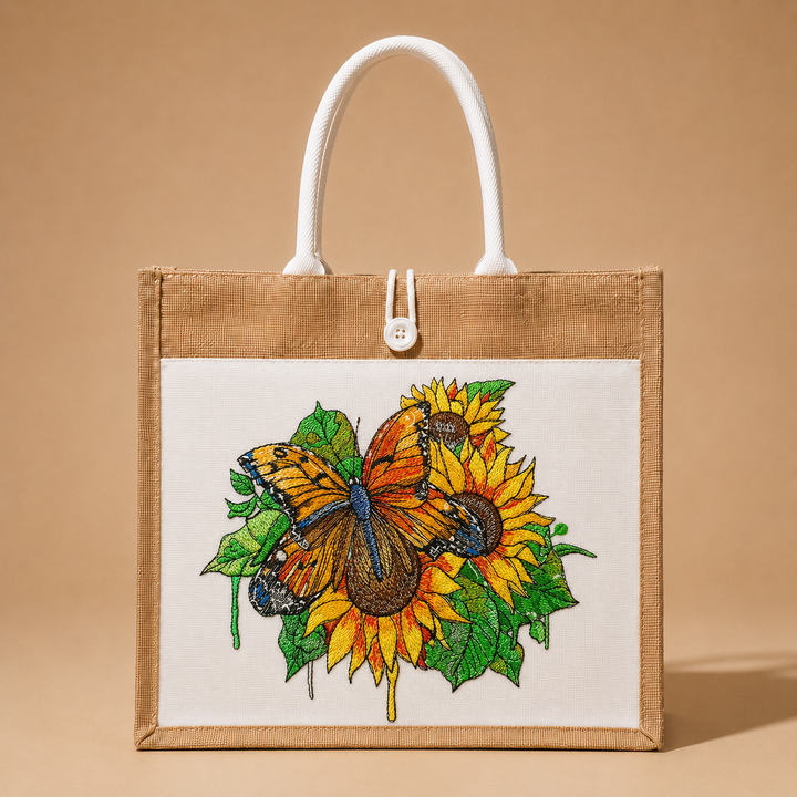 Tote bag with butterfly and sunflower design on a beige background