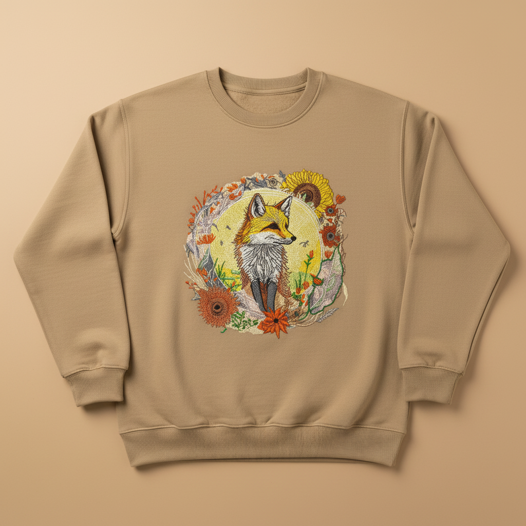 Sunlit Fox Floral — Premium Embroidered Unisex Crewneck | Original EmbroMania Design